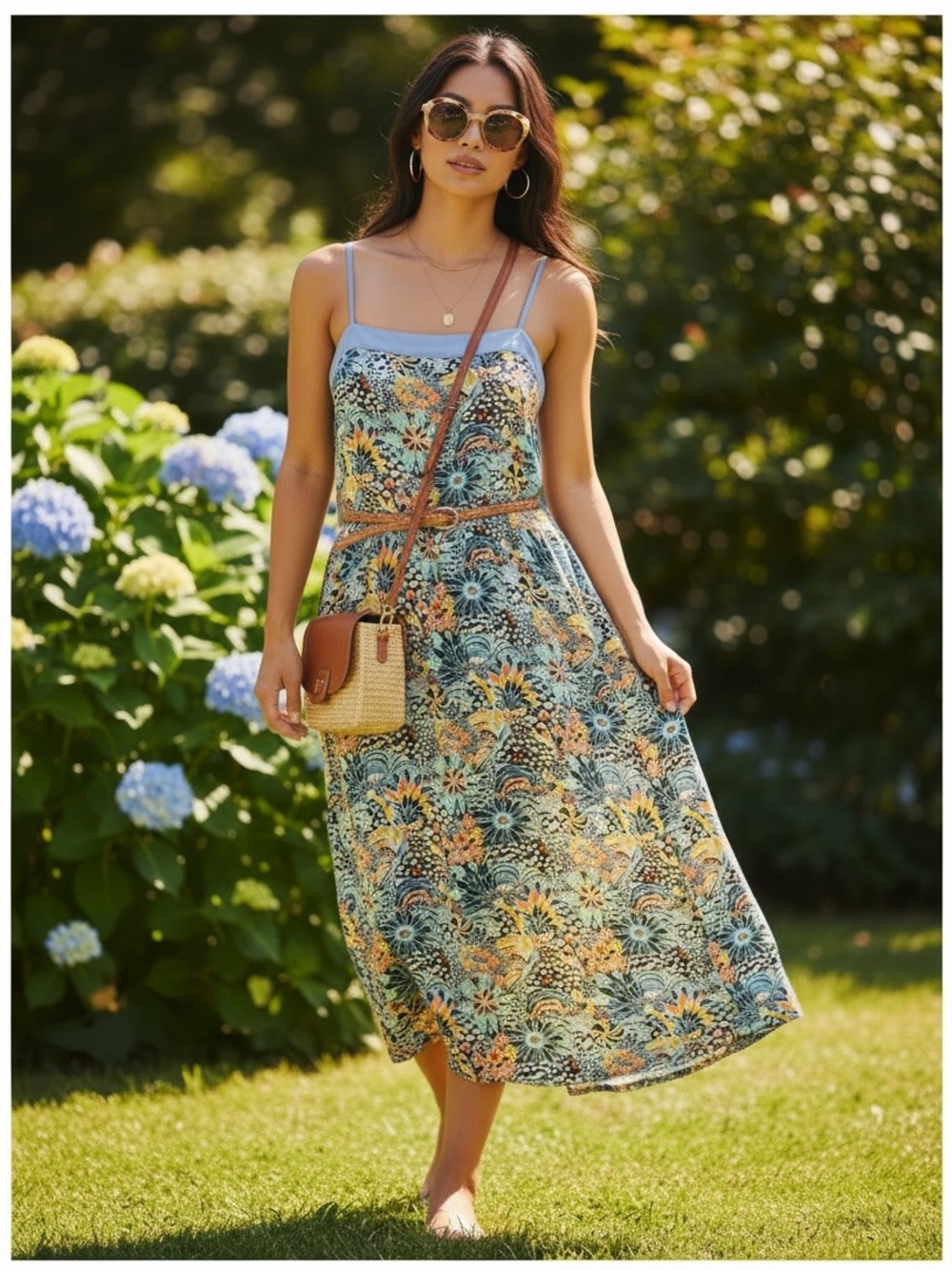Roxy x Liberty Floral Spaghetti-Strap Midi Dress in Teal and Yellow L